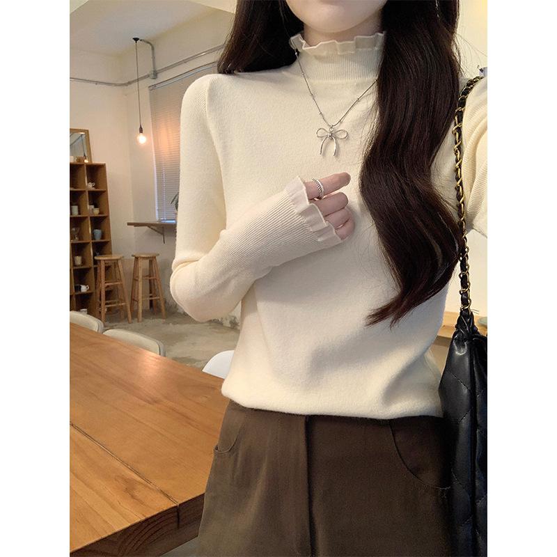 

{Core-spun yarn} Korean long-sleeved t-shirt women s autumn thin slim-fitting versatile solid-color bottoming shirt semi-turtleneck top One size fits all