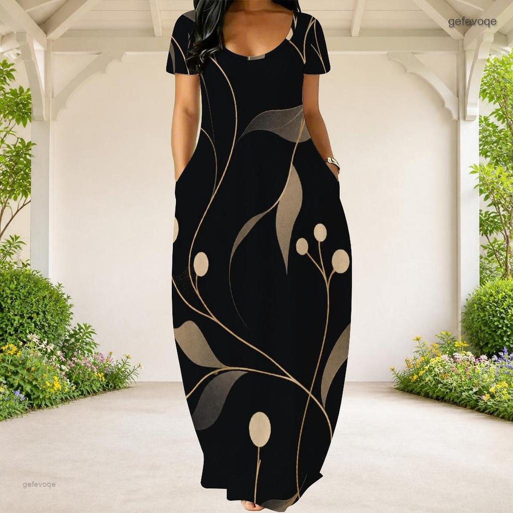 Women Plus Size Round Neck Short Sleeve White Printed Loose Maxi Dress With Side Pockets