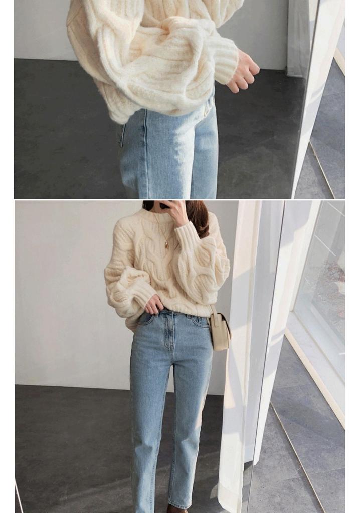 Women's Autumn/Winter Lantern Sleeve Cable Knit Sweater - Loose, Round Neck, Twisted Stitch Pullover.