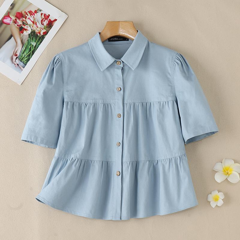 

ZANZEA Womens Summer Turn Down Collar Loose Short Sleeve Blouse S