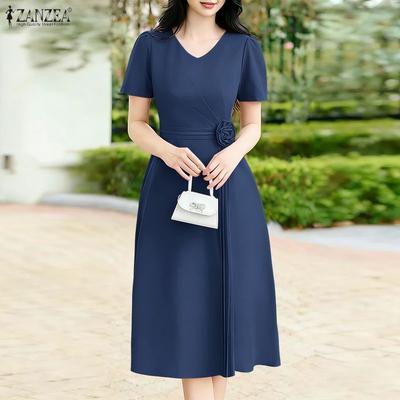 Women Elegant V-Neck Casual Short Sleeve A-Line Dress