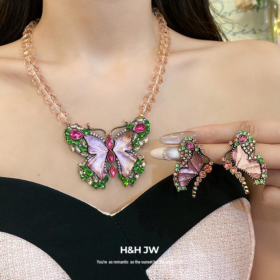 Vintage Rhinestone Resin Butterfly Necklace Earrings Luxury Women Jewelry