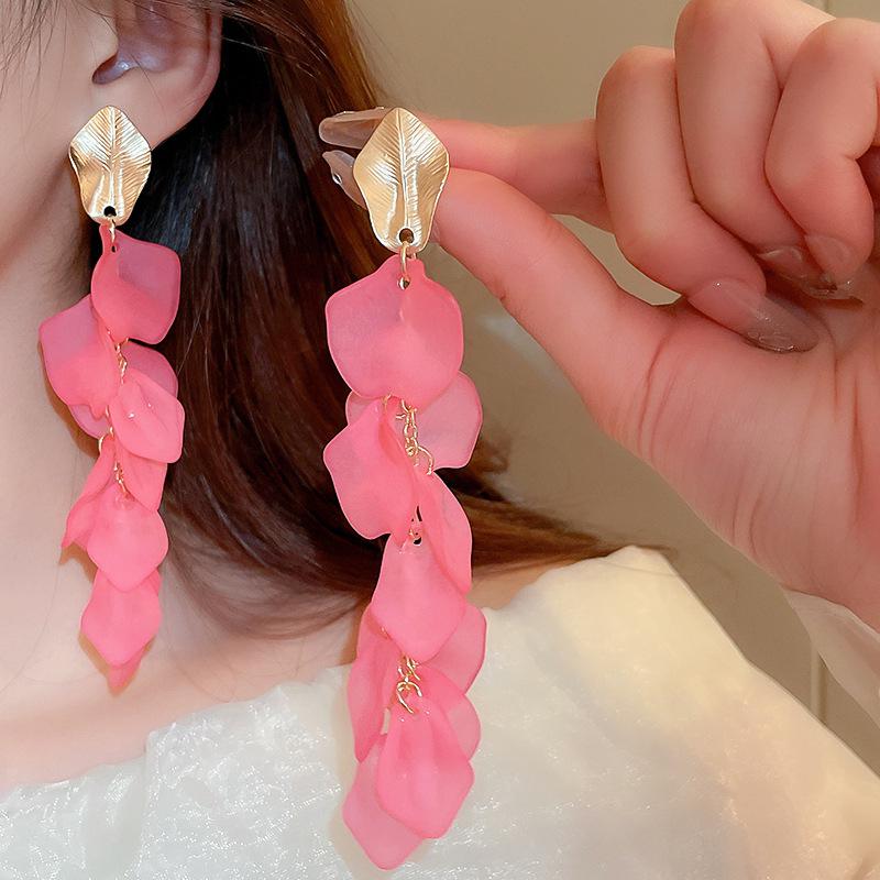 Elegant Sterling Silver Petal Tassel Earrings - Chic European & American Vacation Style for Women