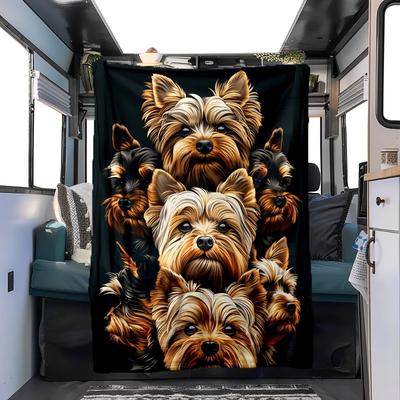 Yorkshire Terrier Pattern Soft Flannel Car Nap Blanket - All Season Suitable Polyester Fiber Pet Shawl Car Accessories