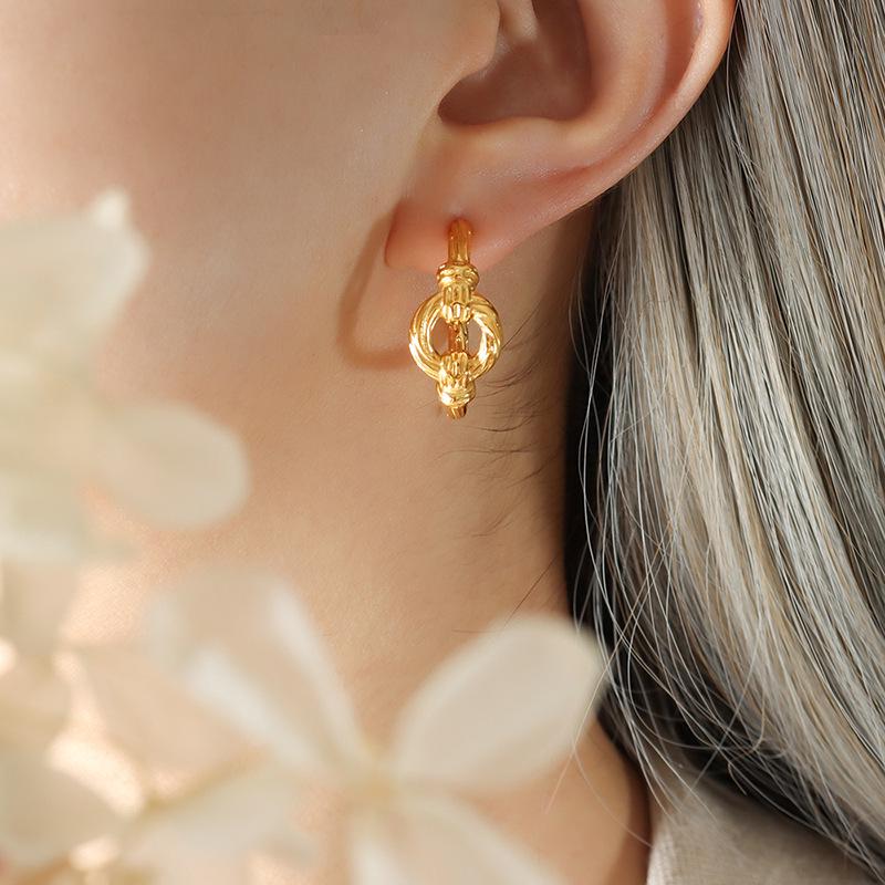Elegant Geometric Knot Earrings: C-Shaped, Titanium Steel, Gold-Plated, European & American Chic Style