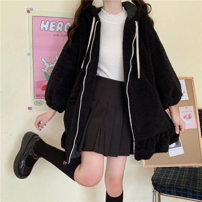 Zip Up Kawaii Hoodies Damen Winter Übergroßes warmes Sweatshirt Hasenohren süß