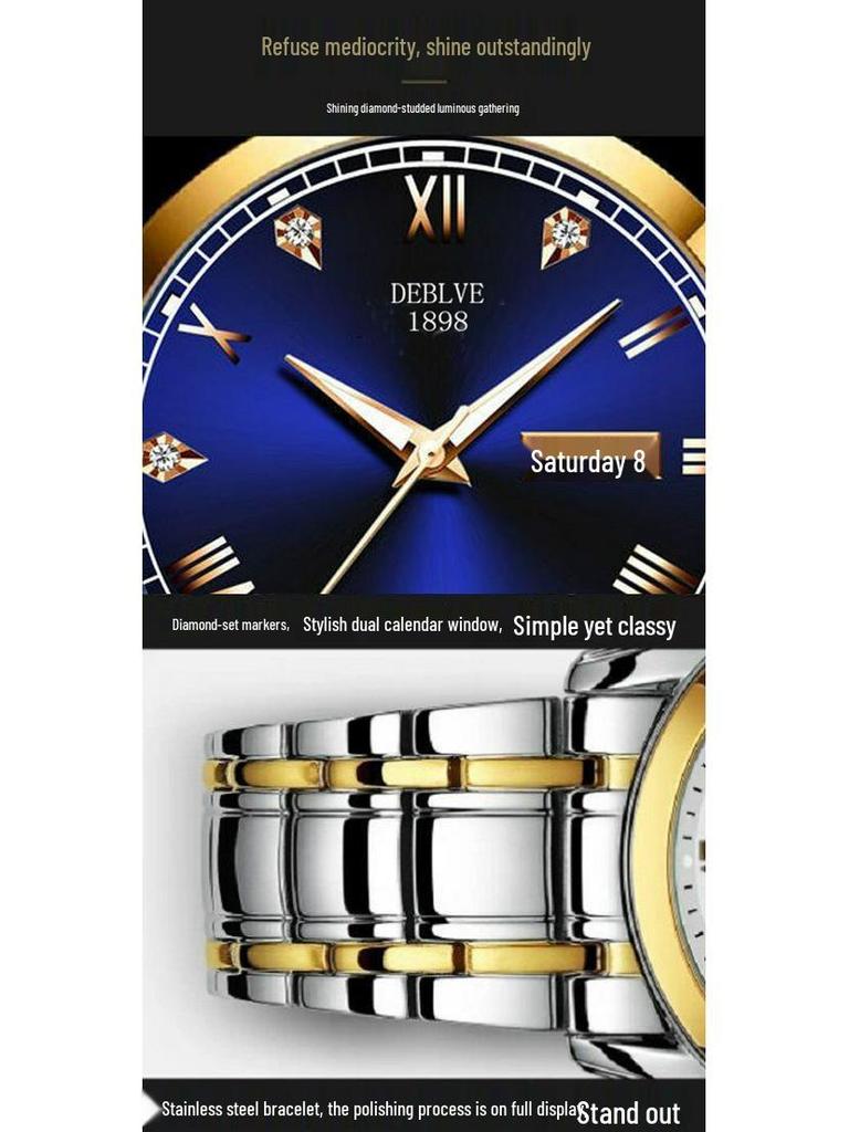 Men's Swiss Double Calendar Watch with Alloy Steel Band, Waterproof & Luminous.