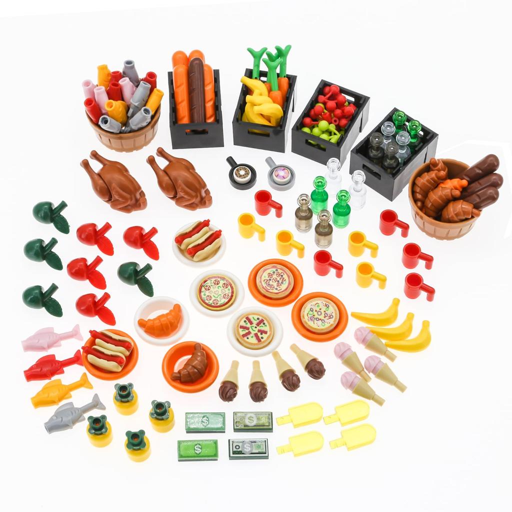 BrickBounty City Jídlo Stavebnice Pikniková Kuchyně a Jídelna DIY Zmrzlina a Ryba 188dílná Sada, Hračka, Dílky, Šálek, Dort, Krůta, Banán,