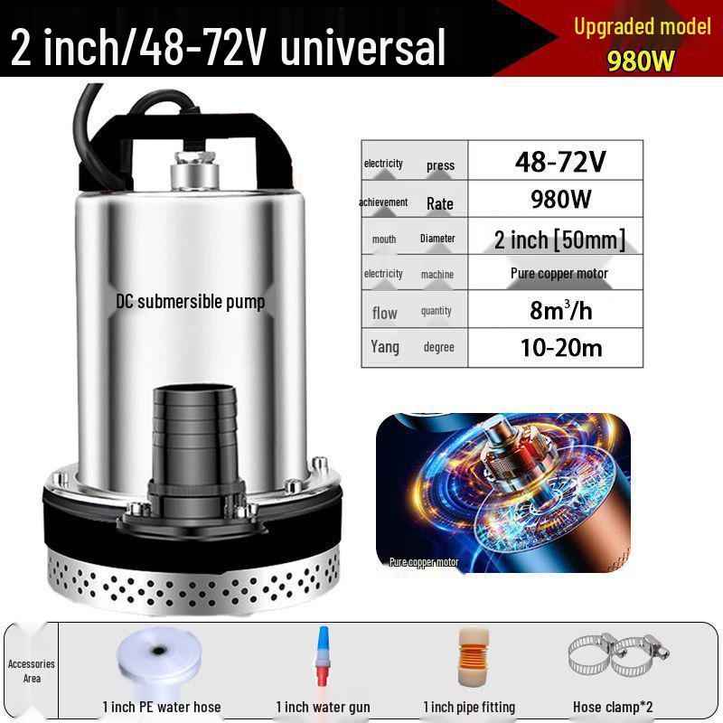 Universal DC Submersible Pump 48-72V for Electric Vehicles and Farmland Irrigation, Stainless Steel.