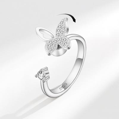 925 Silver Butterfly Open Ring For Women Simple Elegant Zircon Fairy High End Jewelry