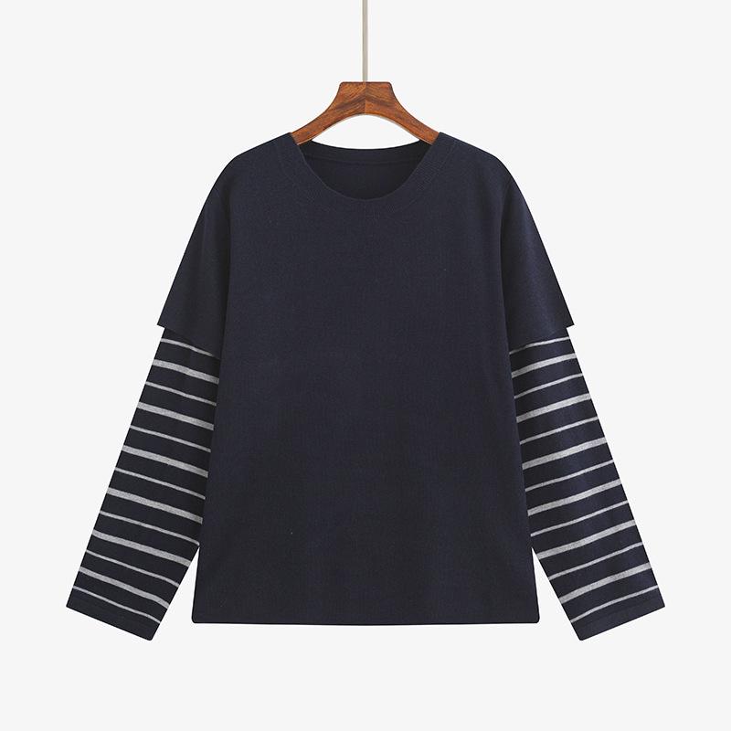 

Plus Size Women s Striped Long Sleeve Round Neck Top - Spring 2026 Collection, Casual Loose Knitwear for a Slimming Fit. XXL (150-180 jin) тёмно-синий