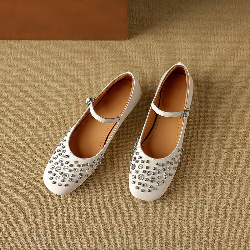 Krazing Pot Sheepskin Summer Autumn Size 40 Low Heels Crystal-studded Mary Janes Square Toe Gladiator Shallow Pumps