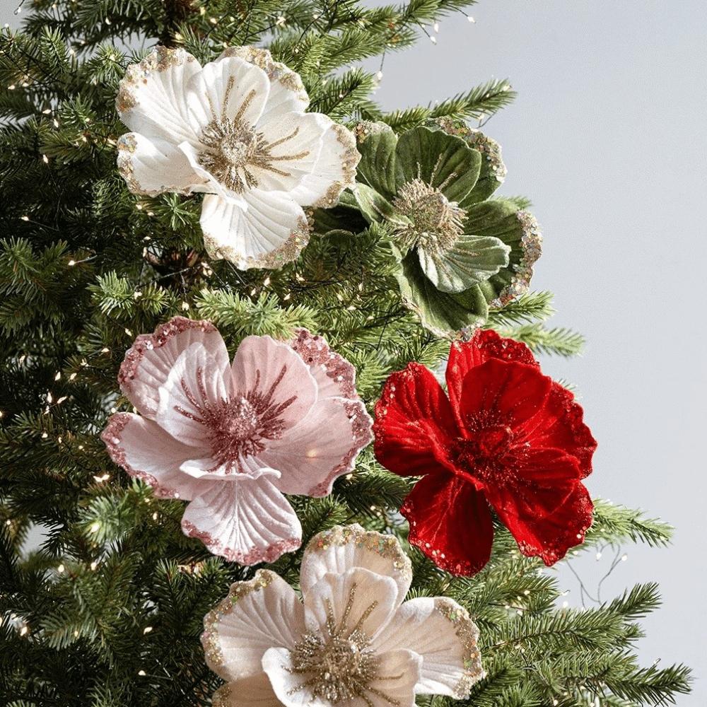 Glitter Finish Artificial Poinsettia Flowers 19cm Size Glitter Christmas Flowers Home Holiday Use