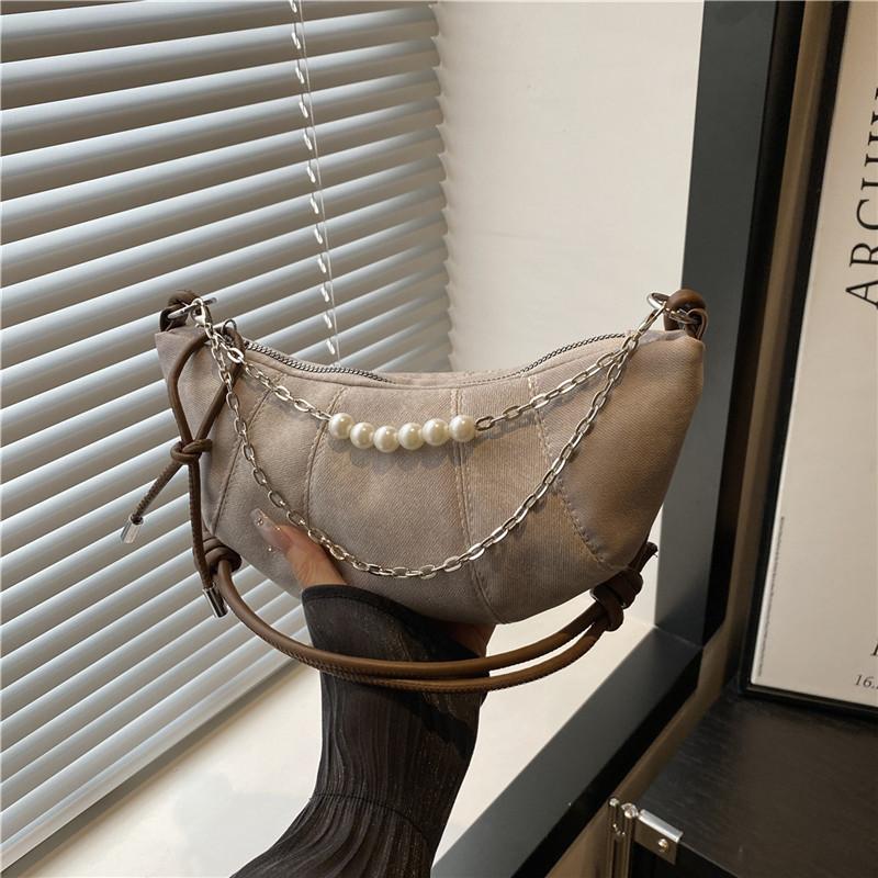 Fashion Trend Pearl Chain Decorative Croissant Popular Solid Color Canvas Shoulder Crossbody Bag Women's Bag