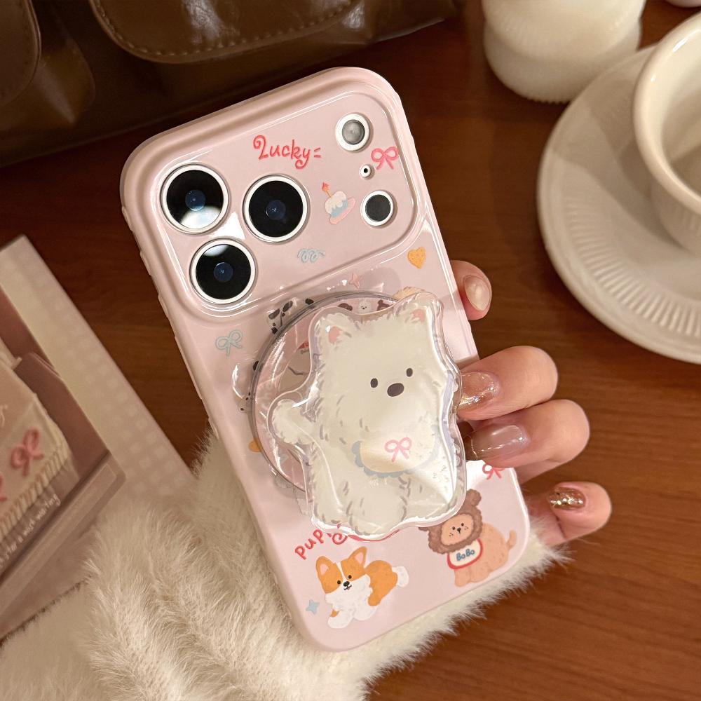 Korean Style Cartoon Puppy Suitable for Apple 17promax Mobile Phone Case Iphone16 Magnetic Bracket 15 Anti-fall 13 Soft Shell