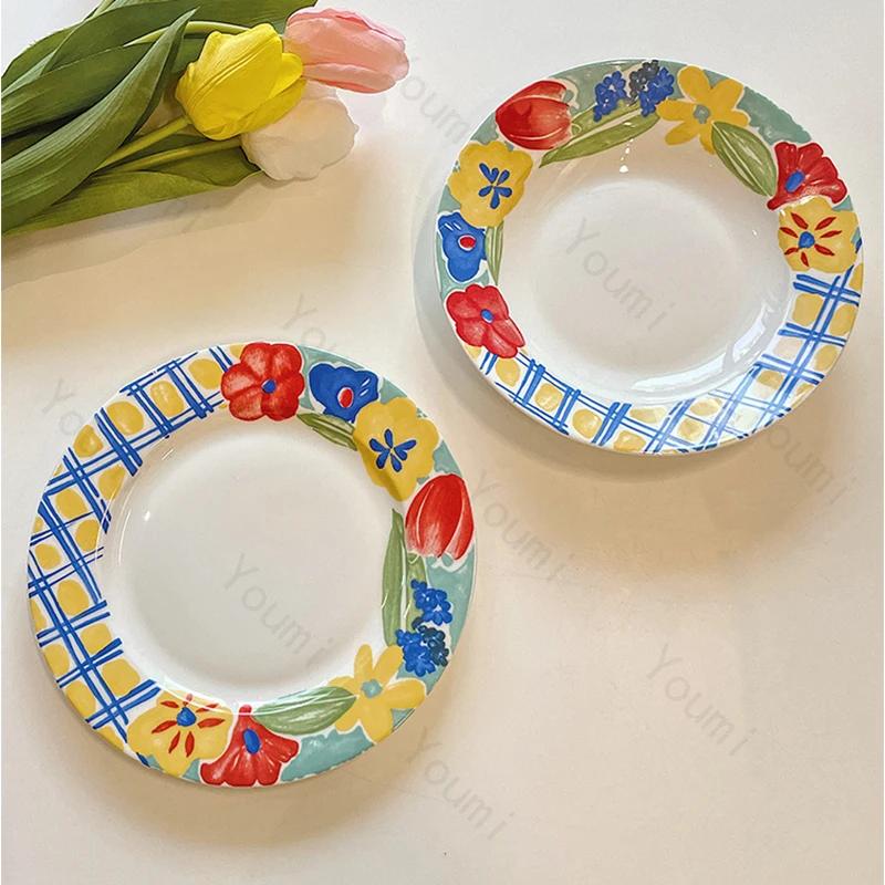 Retro oljemaleri-stil keramisk tallerken Kreativ håndmalt blomst Middagstallerkener Ettermiddagste Frukt Dessert Snacks Servise