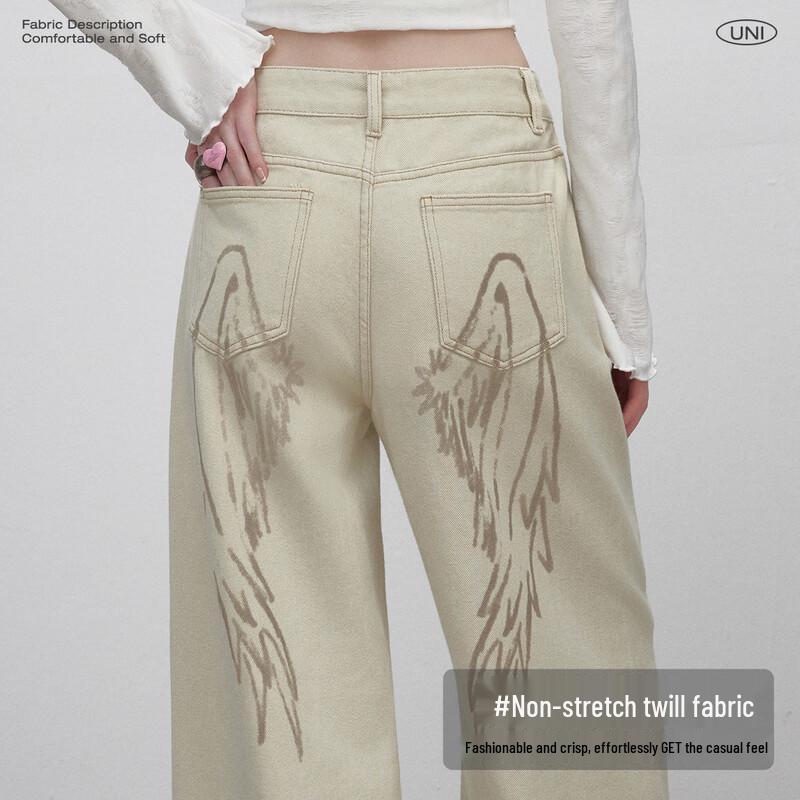 unifree American Retro Angel Wing Print Washed Loose Wide-Leg Casual Pants