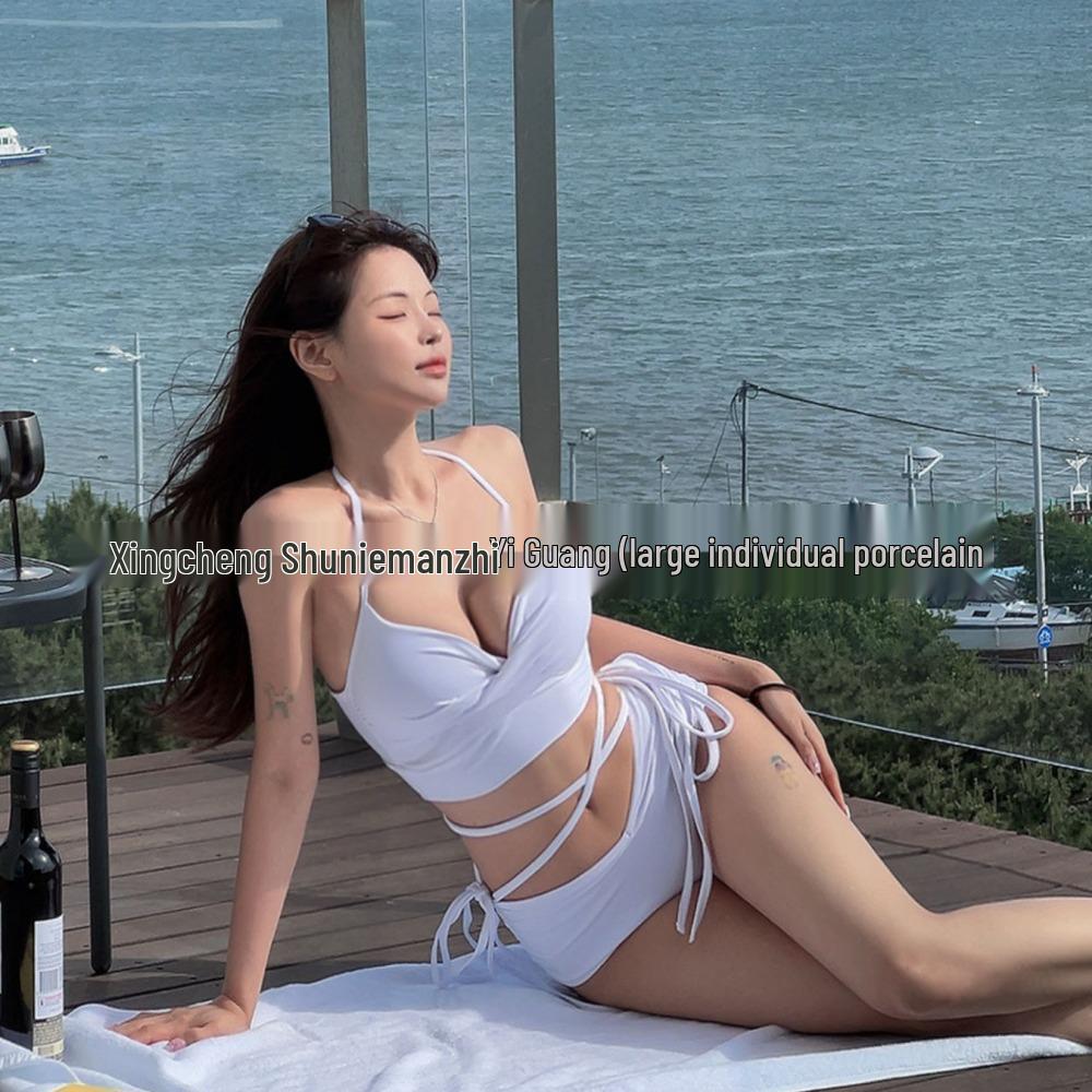 Women's High-End Ins Style Bikini: Sexy Solid Color Swimwear for Small Bust with Gathered Design, Perfect for Hot Springs