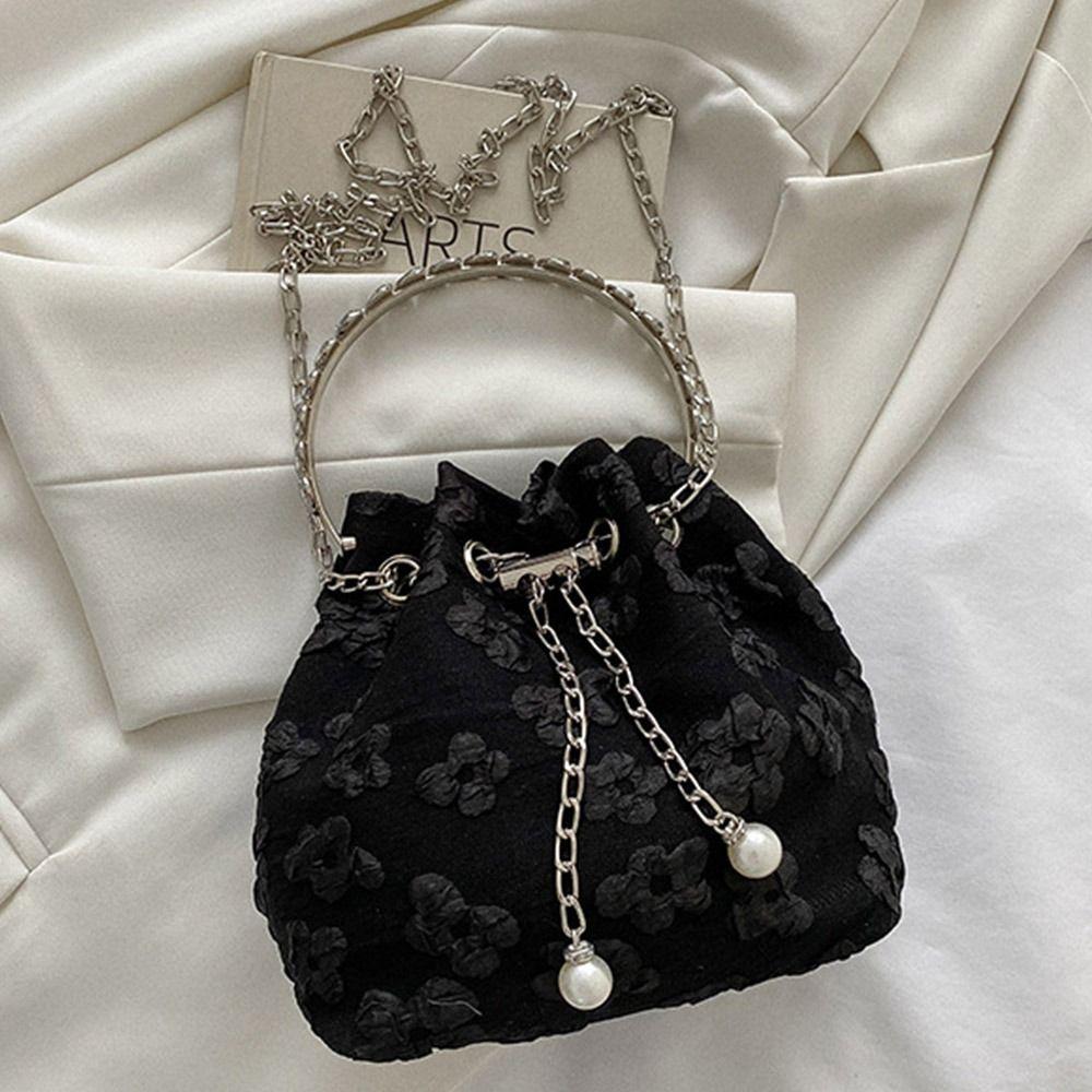 

Fashion Nylon Shoulder Bags Pleated Floral Design Circle Handheld Handbag Exquisite Chain Crossbody Bag Ladies