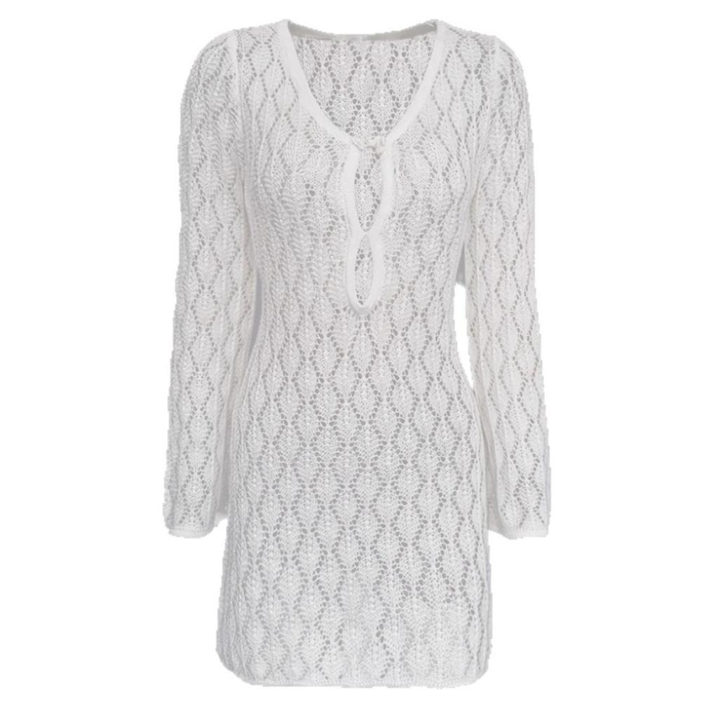 New European American Style Hollow Out Knit Beach Cover Up Sexy Long Sleeve Mini Dress Vacation Wear