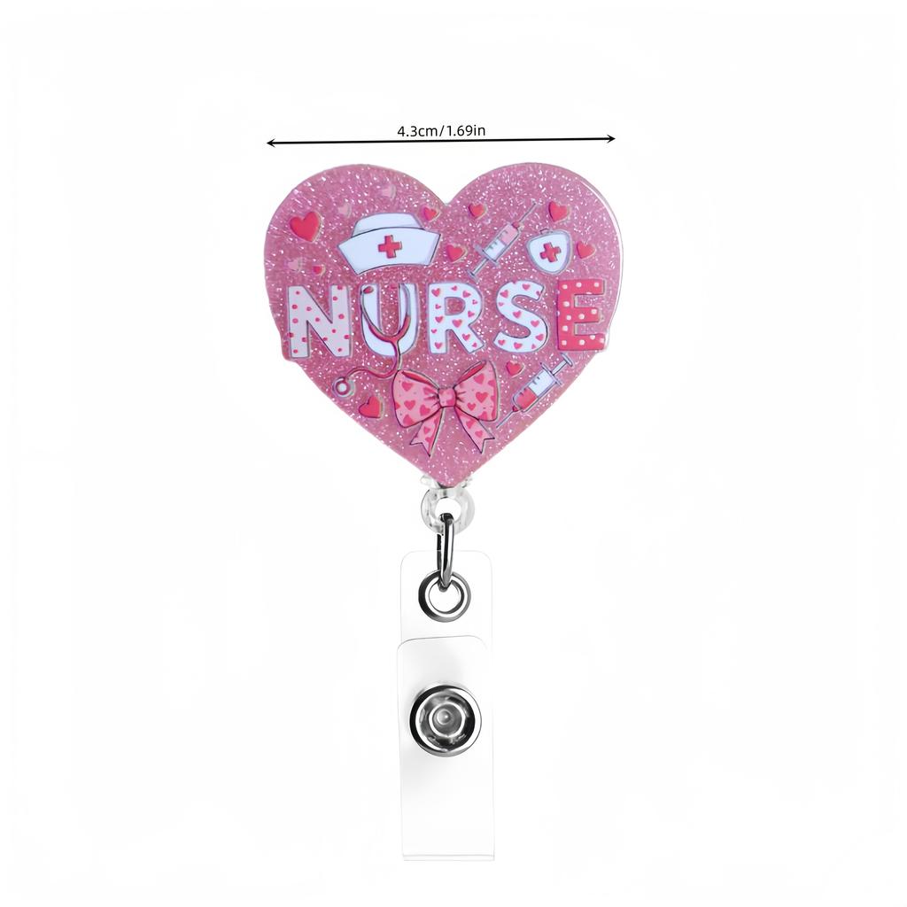 Adorable Style NURSE Pattern Retractable Badge Reel with Pink Medical Emblem, ID Card Holder