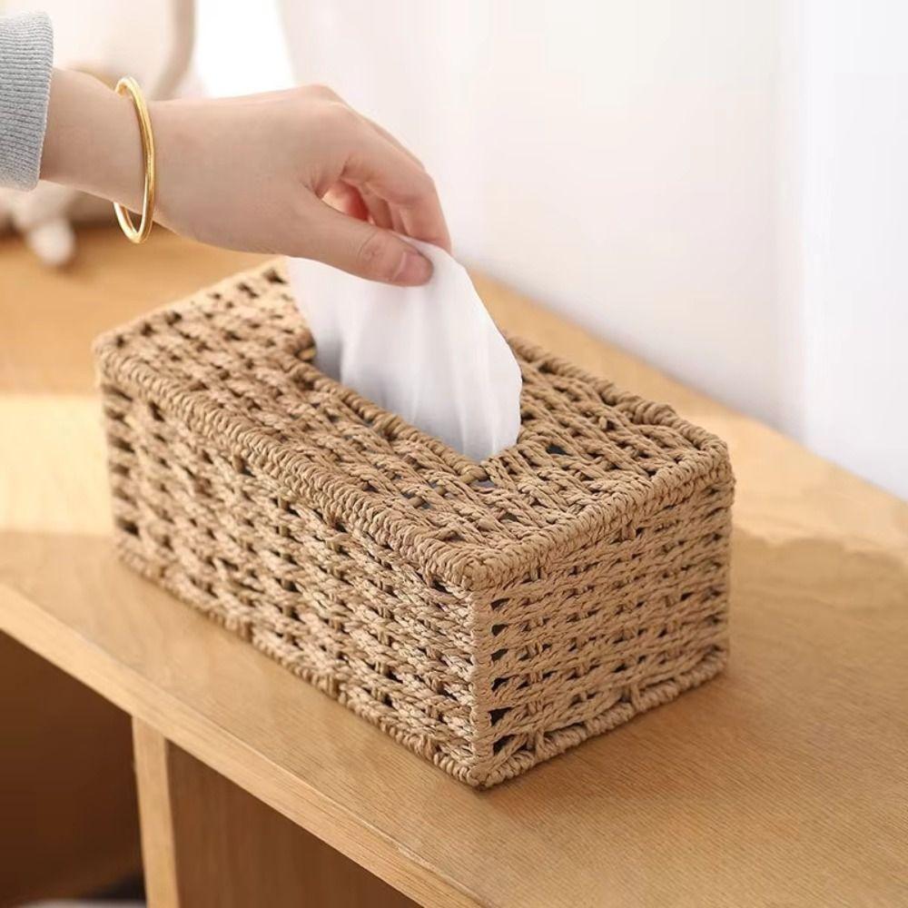 Decoration Woven Tissue Box Handmade Desktop Napkin Dispenser Imitation Rattan Tissue Case Office