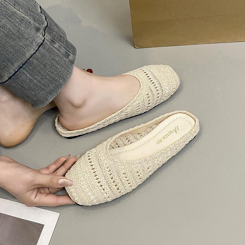 2025 neue gewebte atmungsaktive Tasche Kopf ziehen Oberbekleidung runder Kopf dicker Boden ein Pedal halbes Ziehen bequemer weicher Boden coole Hausschuhe