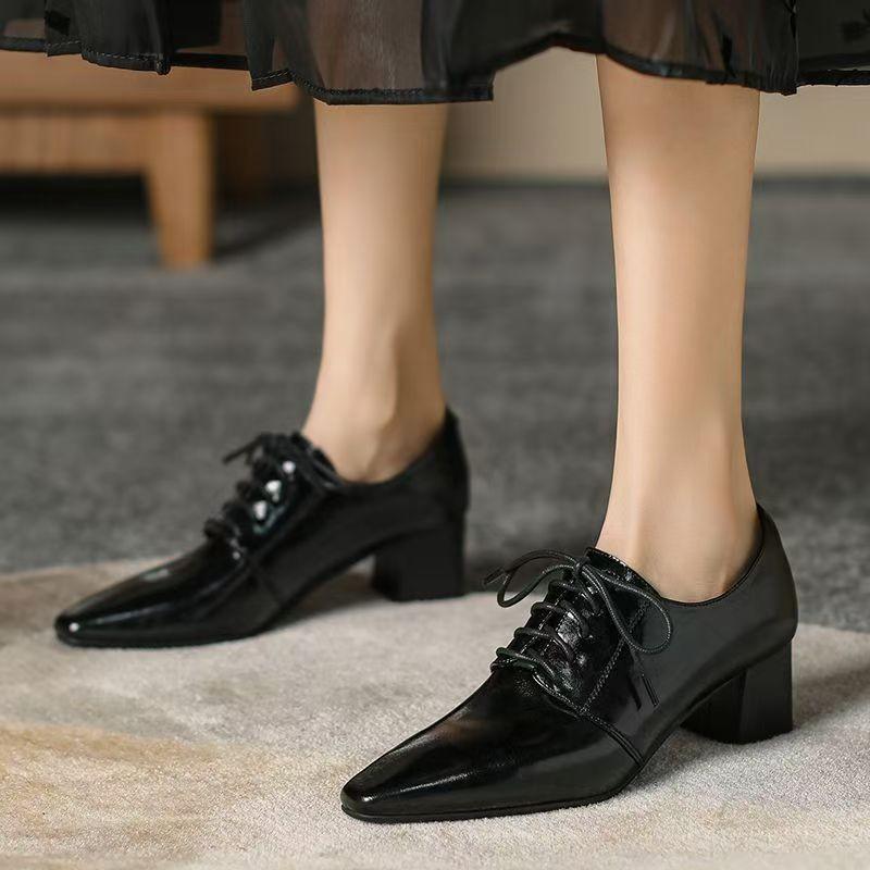 French Small Square Toe Block Heel Single Lace-Up Mid Heel Deep Mouth Women's Shoes