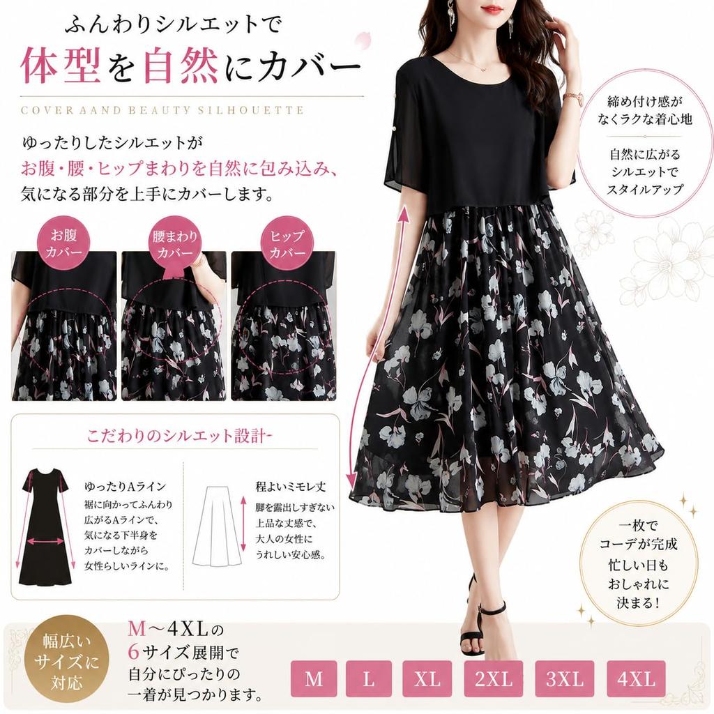 Floral Chiffon Midi Short Size M [DEEPEYES] Women's Dress, Sleeves, Pearl-like Detail, Elegant, Figure-Flattering, Black,