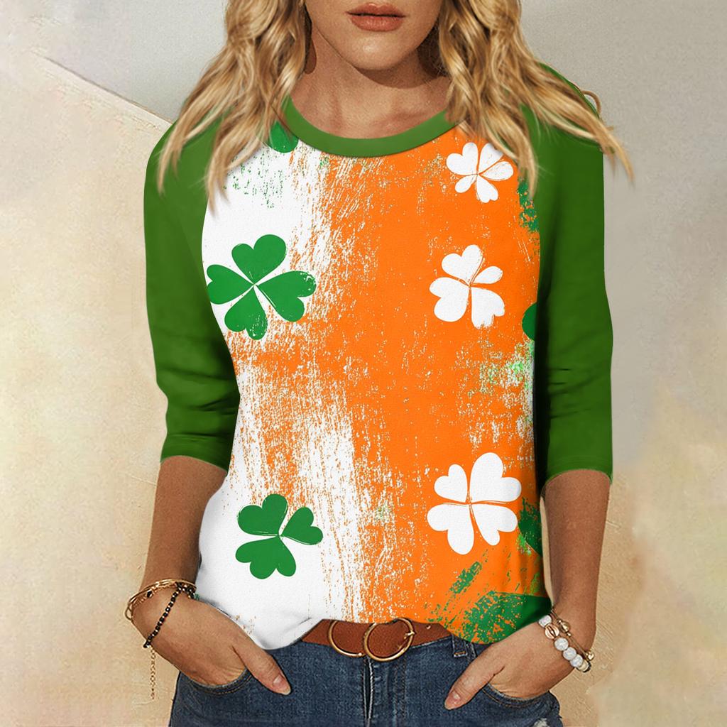 Women's  St. Patrick's Day Print Round Neck Three-Quarter Sleeve Top