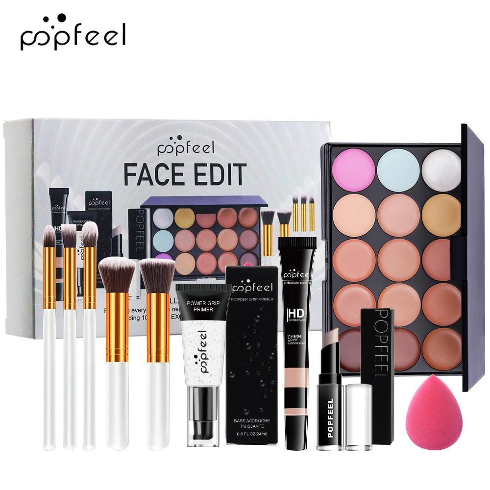 POPFEEL FACE EDIT Makeup Set - 15 Colors Concealer & Contour Palette, Power Grip Primer, HD Liquid Concealer, Brushes & Sponge Kit