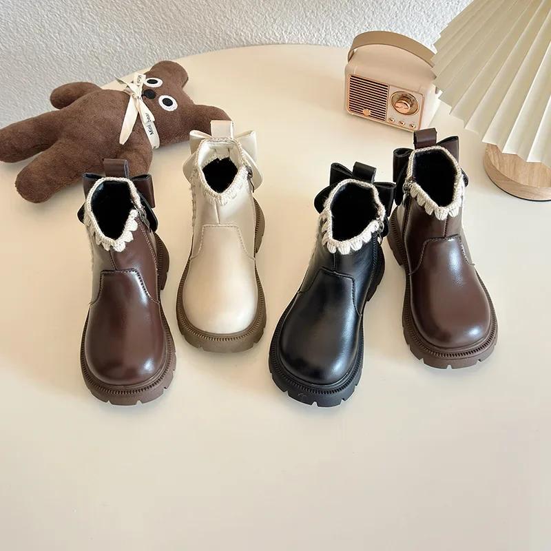 2024 Children Short Boots for Girls Winter New Fashion Korean Style Soft Sole Anti-slippery Versatile Sweeet Bowtie Leather Shoe
