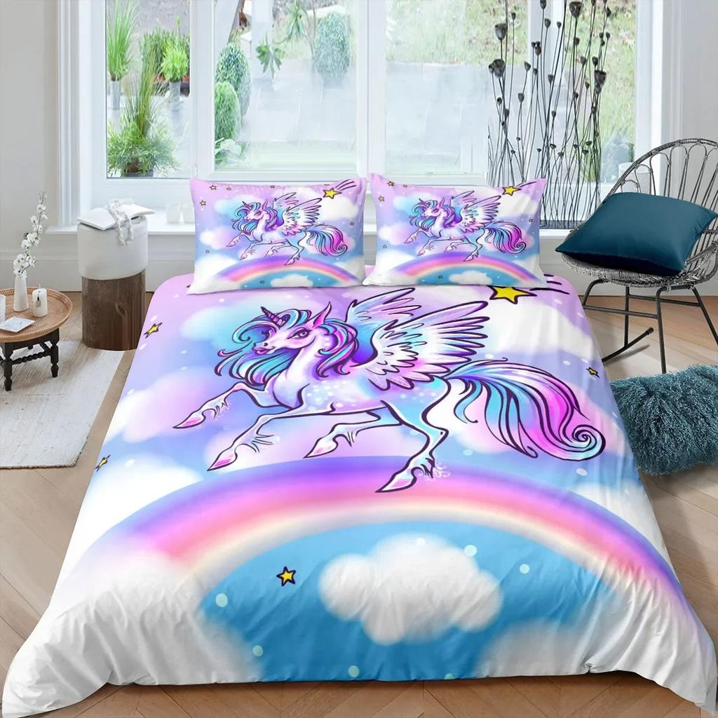 3D Colorful Unicorn Duvet Cover with Pillow Cover Bedding Set Single Double Twin Full Queen King Size Bed Set for Bedroom Decor