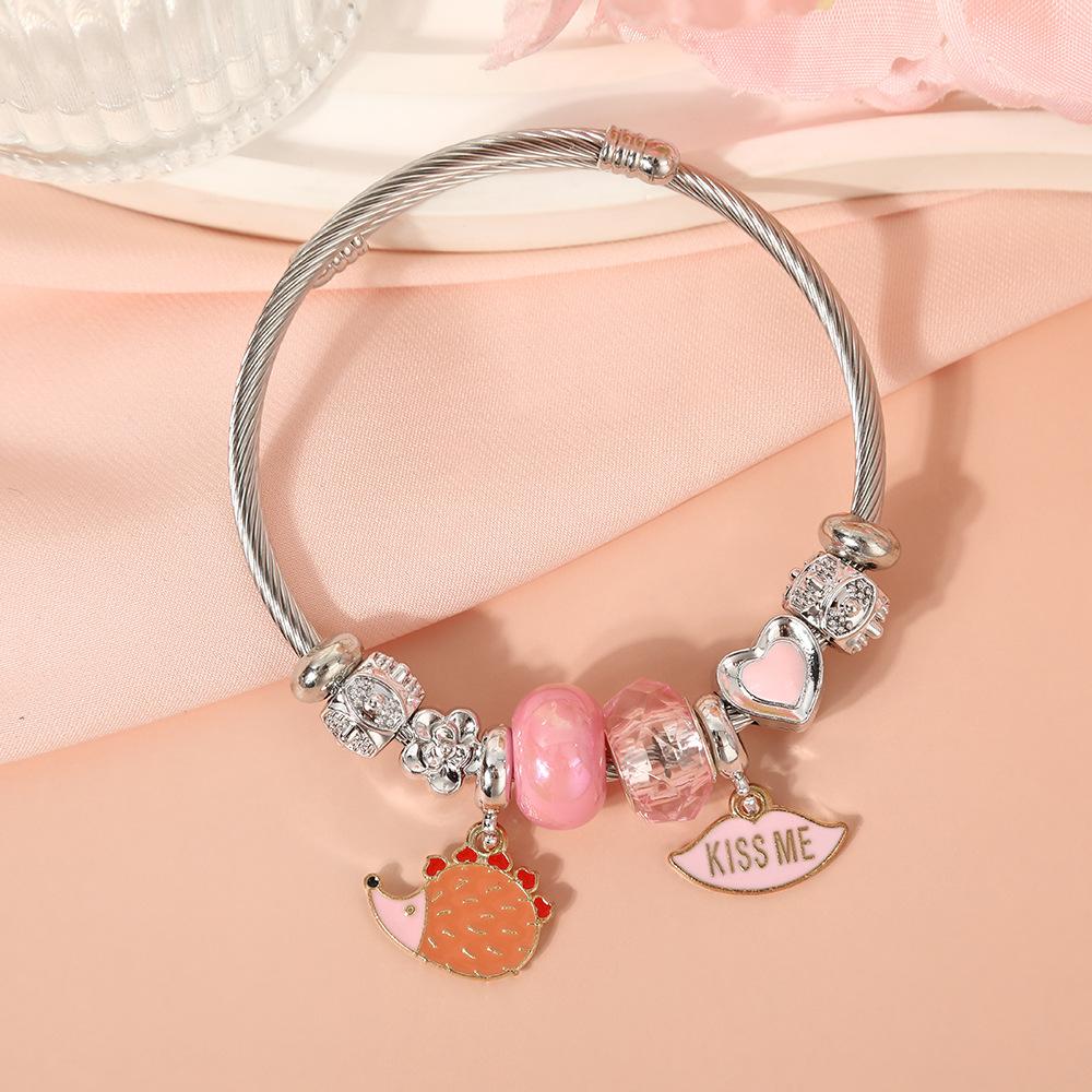 Cute Cartoon Bear Angel Heart Beaded Bracelet Stainless Steel Valentine Gift for Her Girlfriend Women
