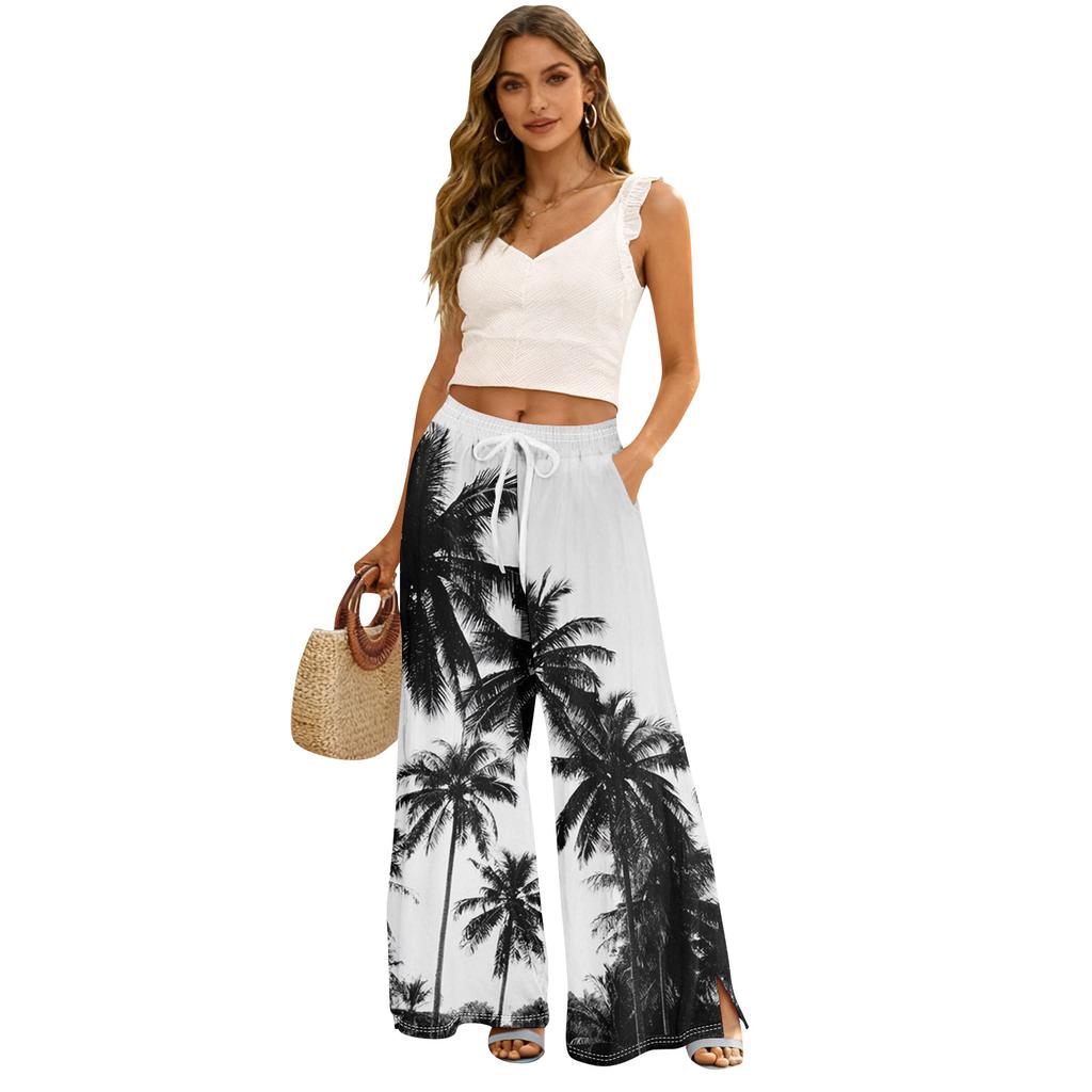 Dames zomer boho palazzo broek met hoge taille, wijde pijpen en bloemenprint, casual broek met zakken