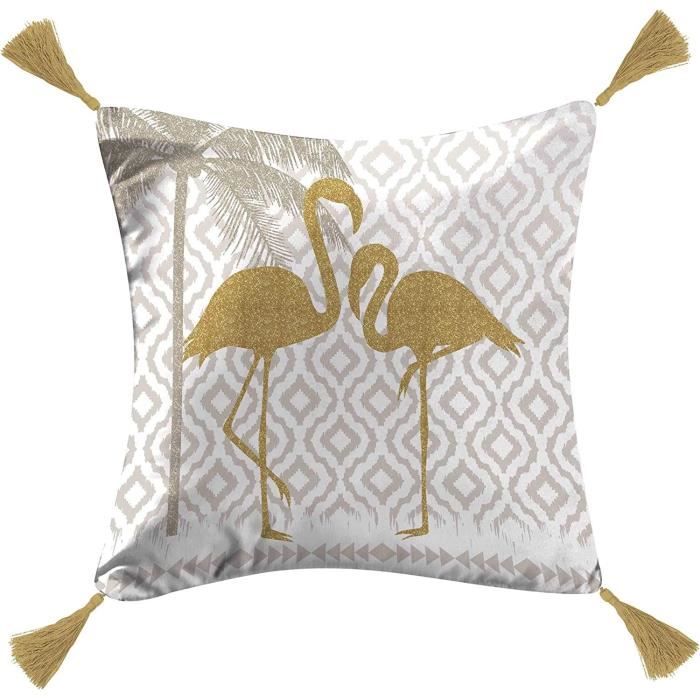 Coussin - Palmier flamingo - 40 x 40 cm - Beige et or imprime paillettes - Ethnique - Ailleurs