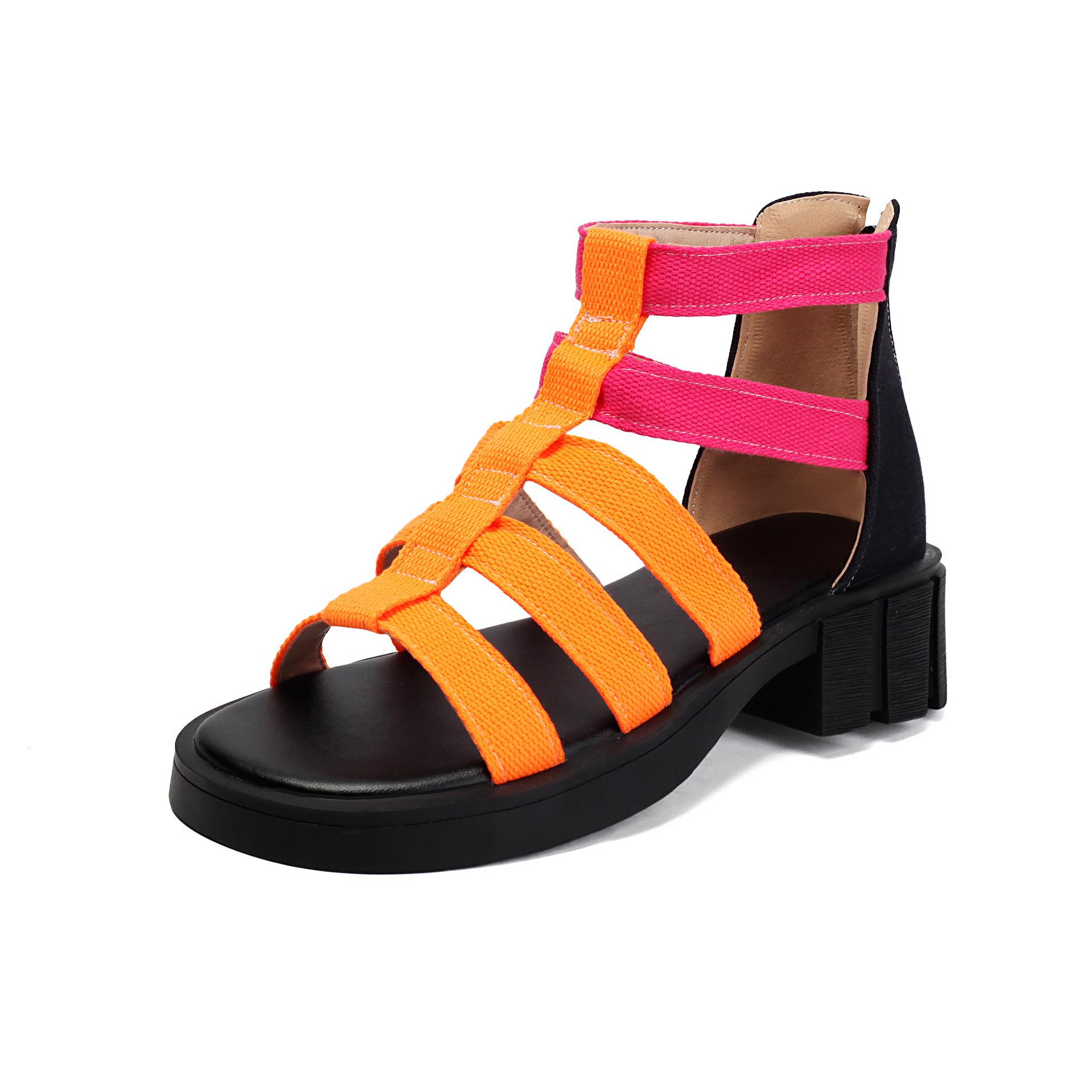 

Spring and summer ebay casual mid-heel strap large size round head rear zipper sandals women 39 оранжевый