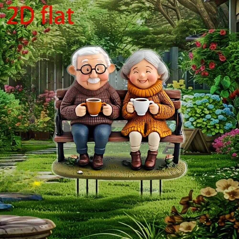 Teselskap for eldre par, 2D flat akryl, romantiske hagepynt til Valentinsdagen, egnet for plener, terrasser og hager, jul, Halloween