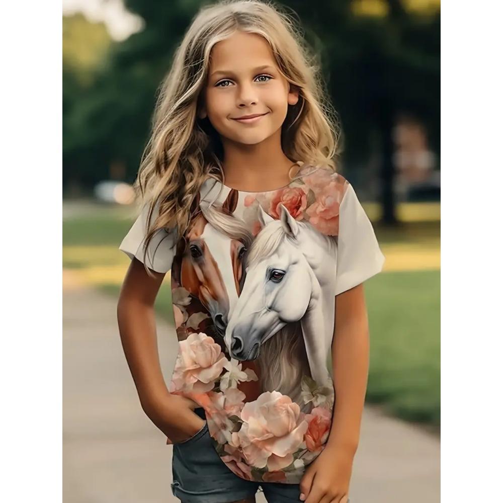 Girls' Clothing, Summer Horse 3D Printing, Outdoor Activities, Fashionable Round Neck Short Sleeved T-shirt, Girls' Quick Drying T-shirt