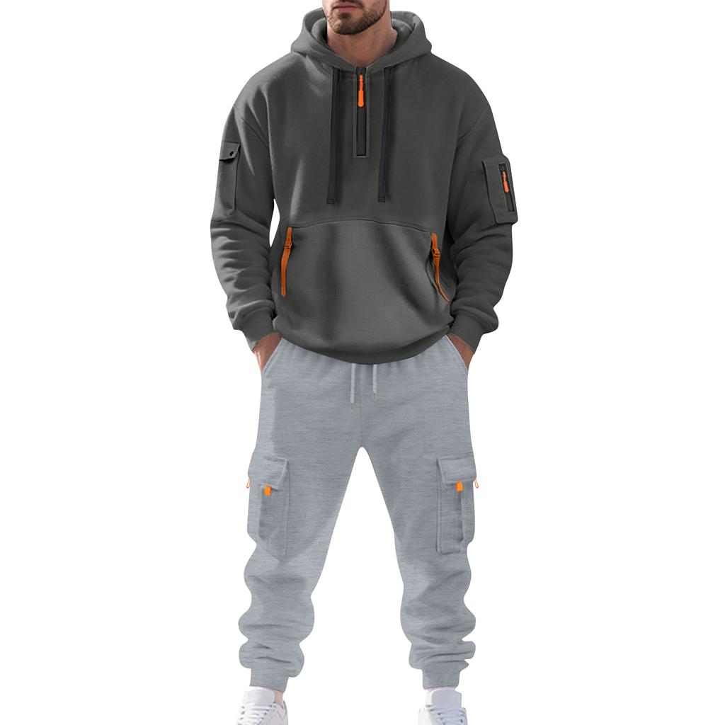 Traje Casual de Color Sólido para Hombre Sudadera Deportiva Holgada con Capucha con Bolsillos Mono con Múltiples Bolsillos