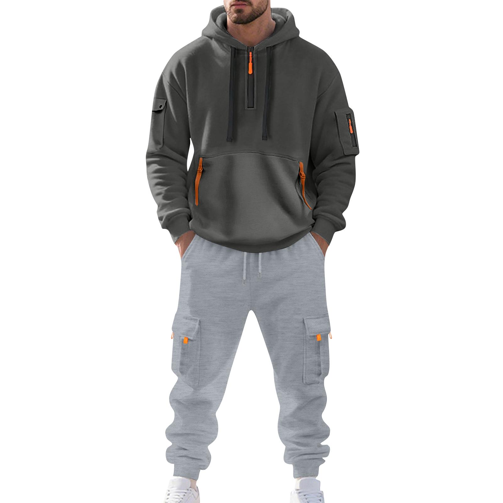 

Men s Solid Color Casual Suit Loose Sports Hooded Sweatshirt With Pockets Multi Pocket Overalls Suit XXXL
