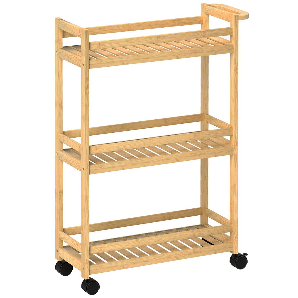 Serving Cart, 3 Tiers, Slatted Shelves, Fall Protection, Bamboo, 55 x 20 x 75 cm