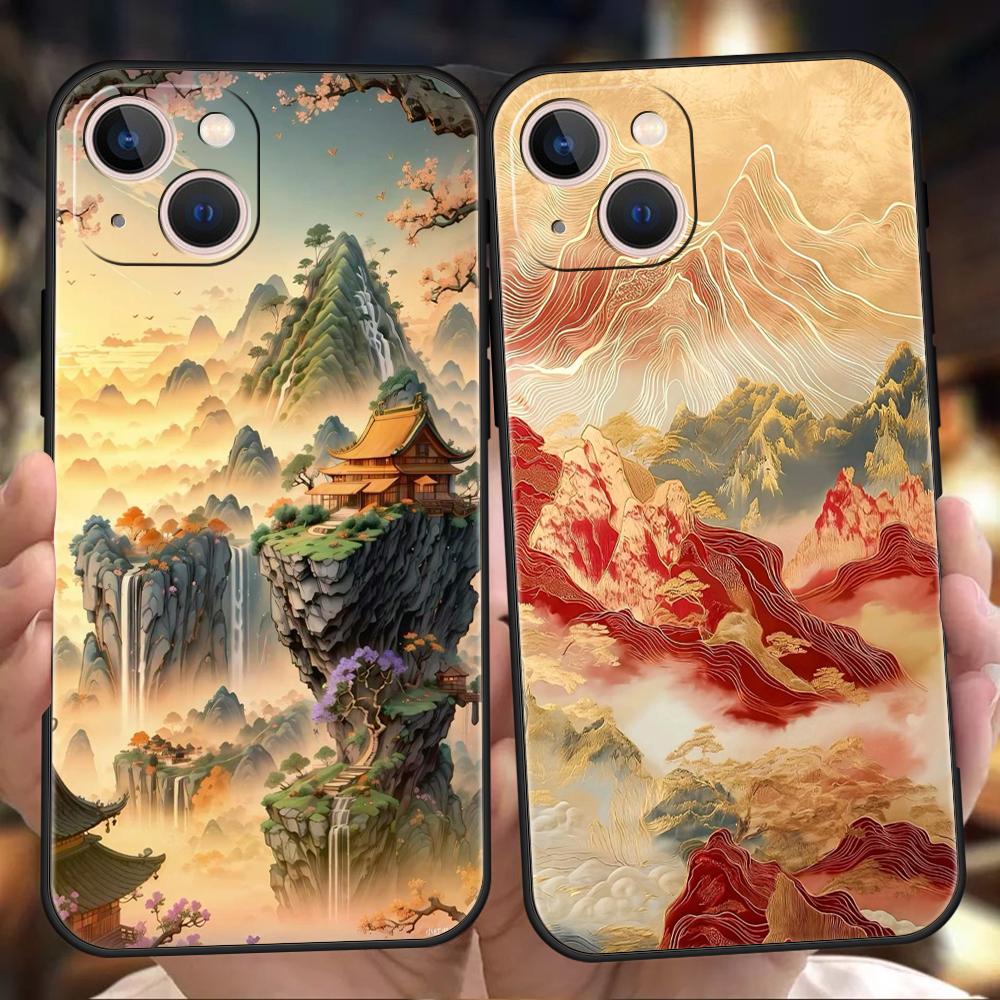 Soft TPU Phone Case for iPhone 16/15/14/13/12/Pro/Max/16E/11/Pro/7/8/Plus/XS/Max Shockproof Chinese Style Landscape Painting Bag