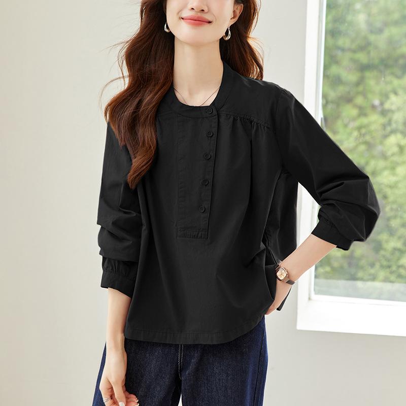 Cotton Shirt Pullover Top Crew Neck Long Sleeve Shirt Commuter Loose Top