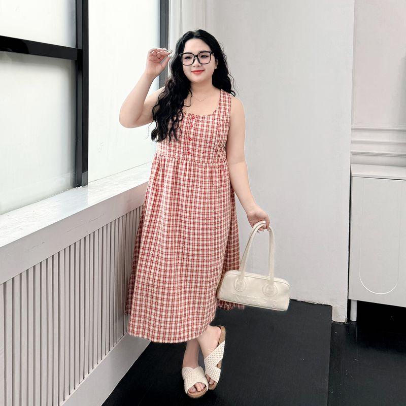 Plus size women clothing [Scotland Island] Chubby Girl Summer Holiday Style Plaid High Waist Meat Covering Loose Vest Dress