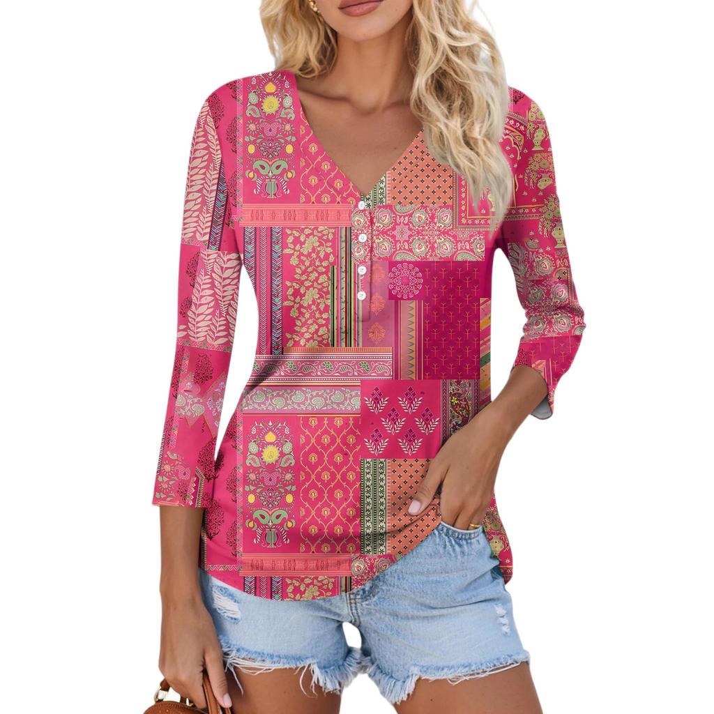 Damen Lässig Mode Sexy Bequem V-Ausschnitt Knopf Floral Dreiviertelarm Oberteil