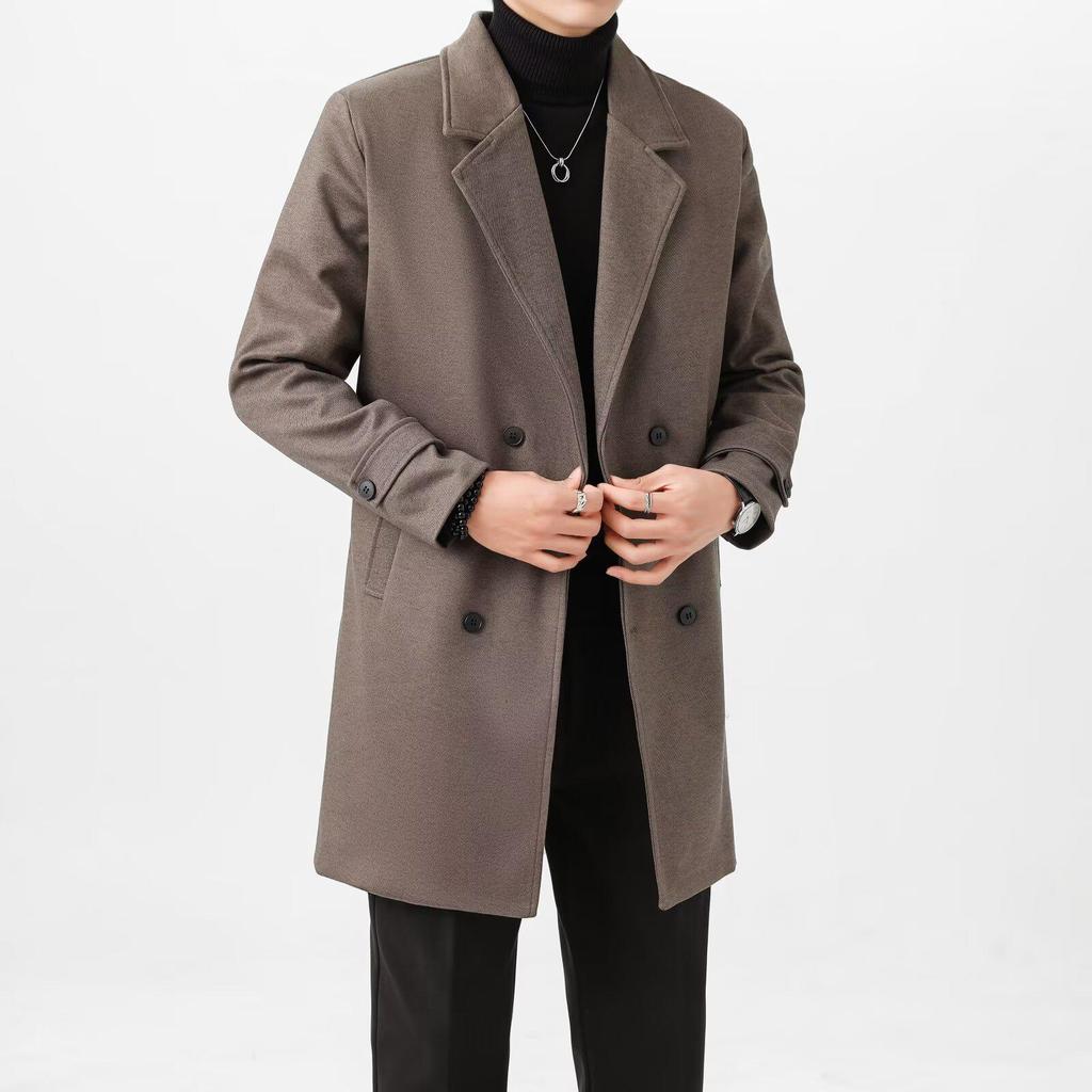 Men's Trendy Thickened Double-Breasted Mid-Length Wool Trench Coat