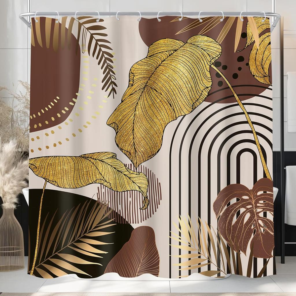 Black Gold Christian Shower Curtain, Tropical Palm Bible Verse Print, Modern Monstera Aesthetic With Hooks