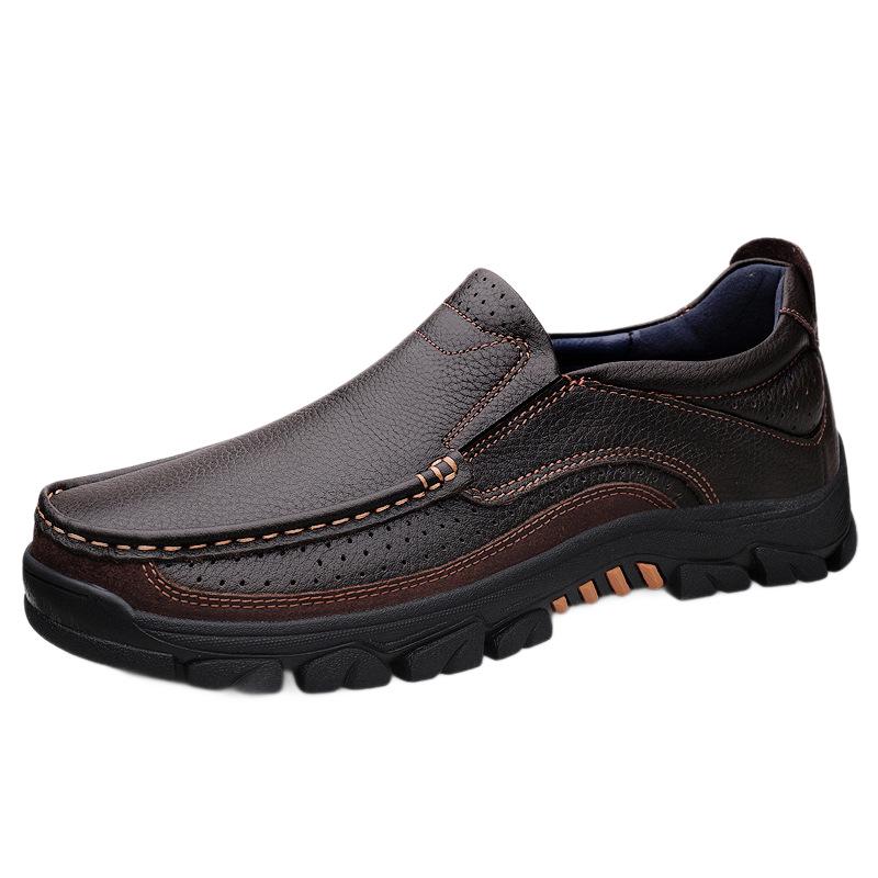 Men's Large Slip-On Leather Shoes: Breathable, Soft Sole, Anti-Slip Casual Comfort for Middle-Aged Dads