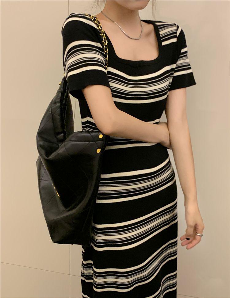 Striped Casual Knitted Dress - Women's Summer 2025, Loose Slimming Mid-Length, Short-Sleeve Lazy Style